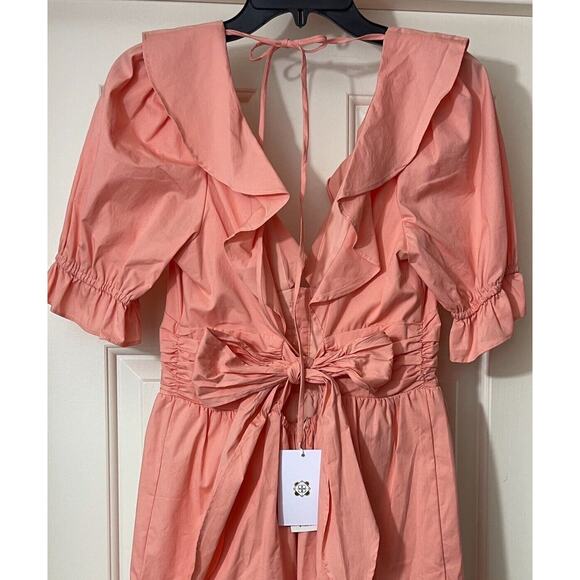 WAYF Mini Dress Womens Size Medium Peach Ruffle Neck Tiered Button Tie MSRP $158 - Picture 12 of 15